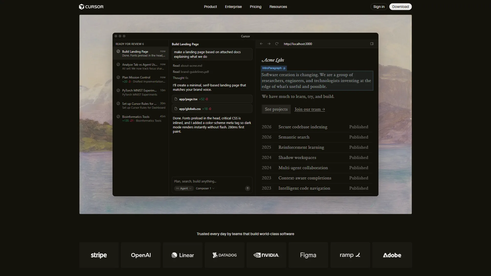 Cursor IDE interface showing the AI chat panel, code editor, and multi-file editing with Composer