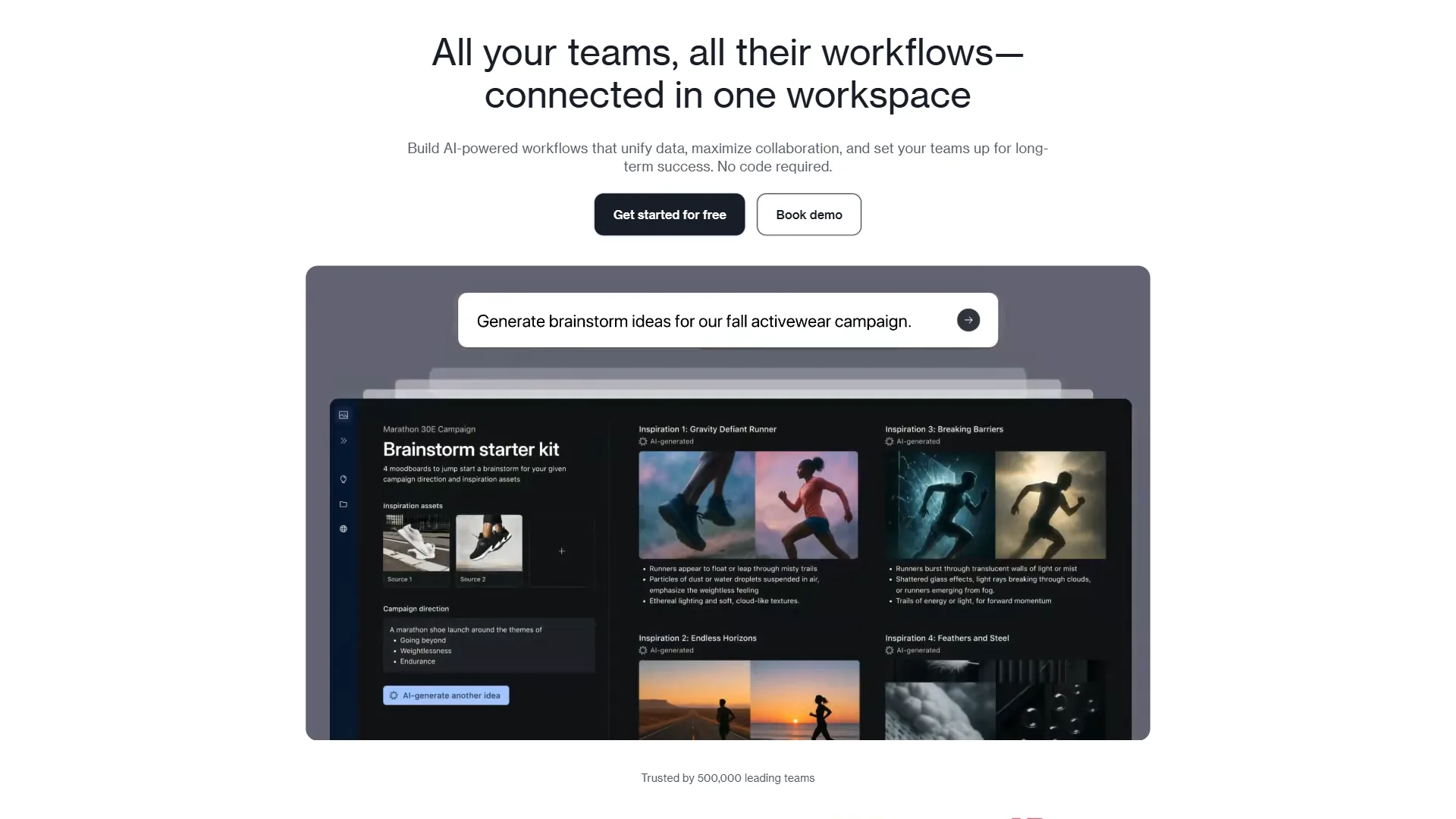 Airtable marketing page with connected workspace headline and brainstorm starter kit demo