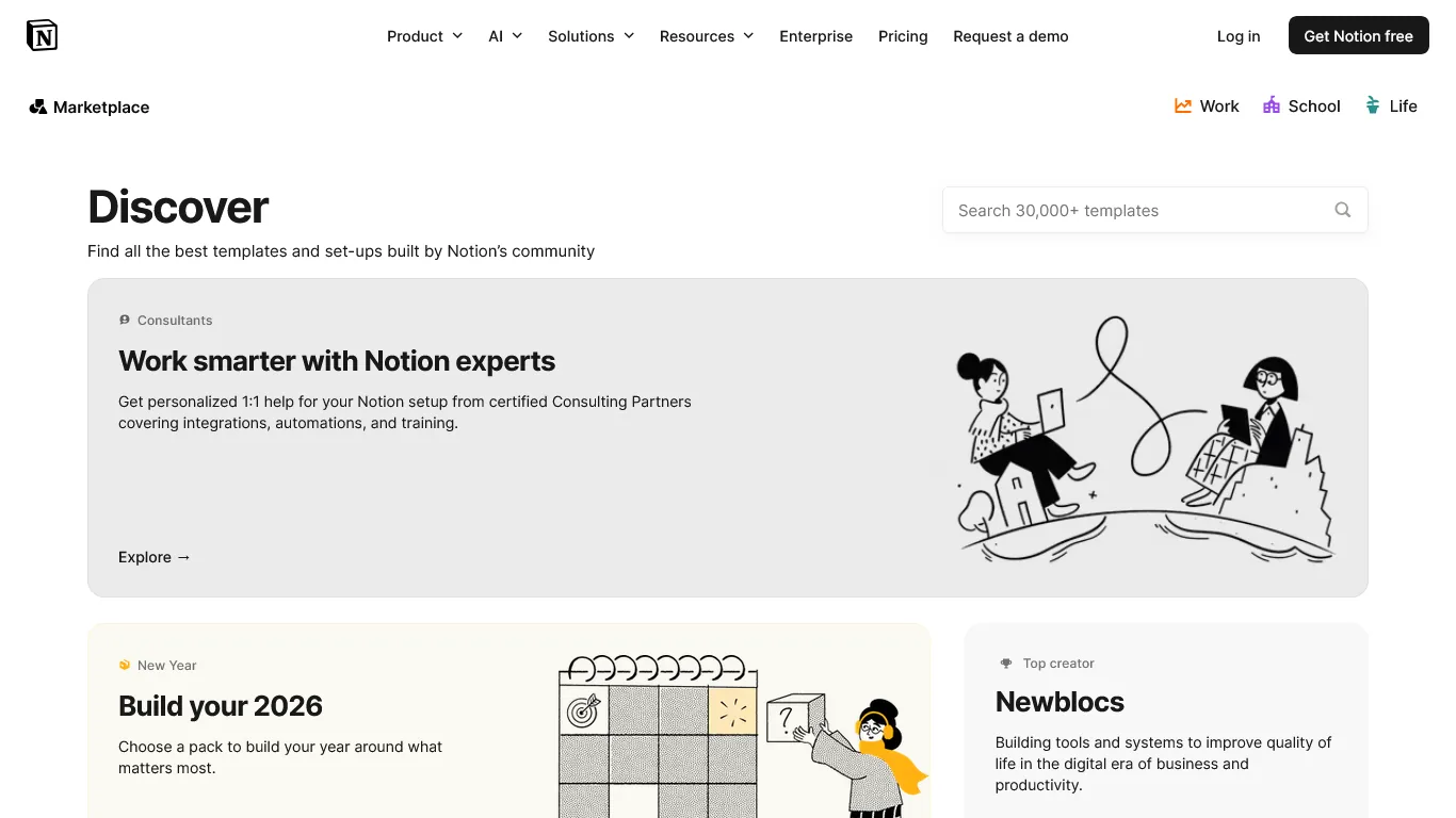 Notion template marketplace with Discover heading, search bar, and consultant partner cards