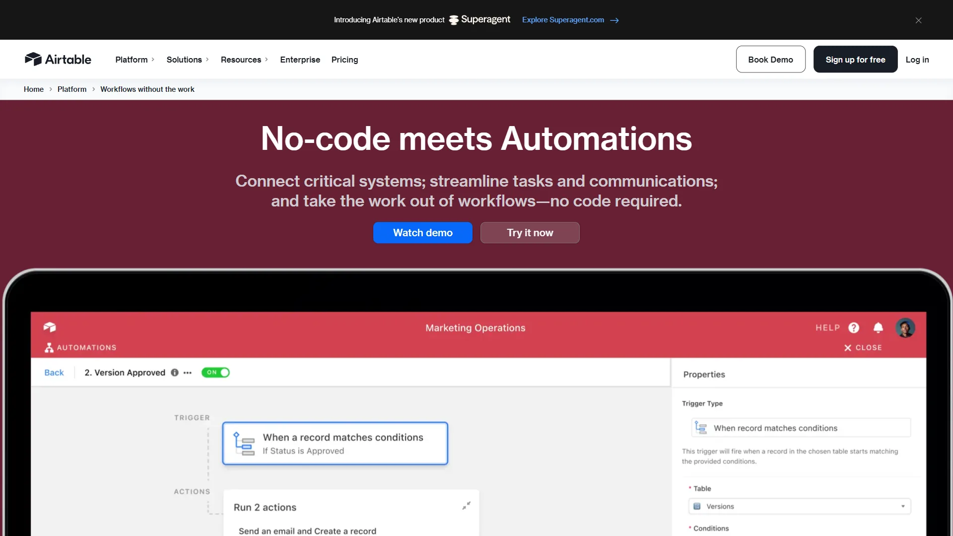 Airtable automation builder showing trigger and action configuration for a workflow