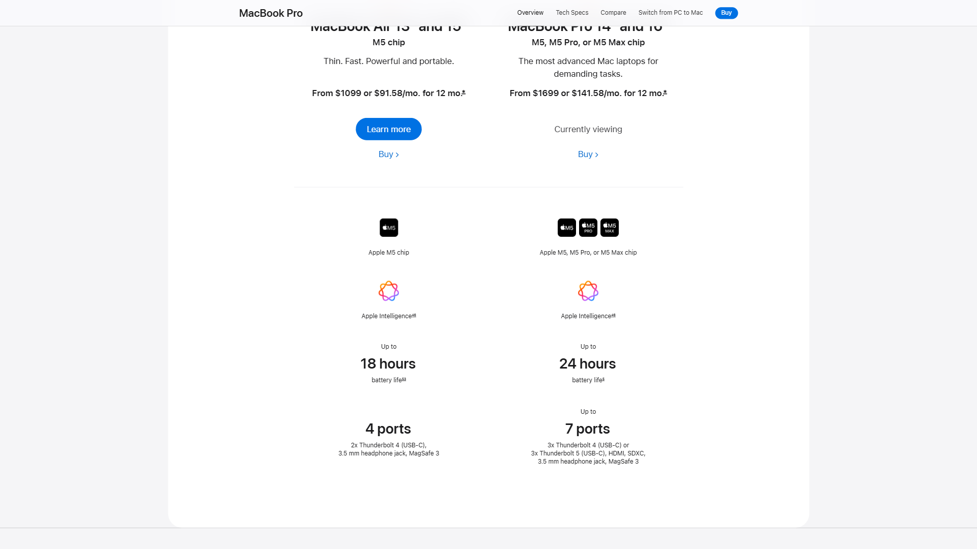 Apple MacBook Pro comparison page showing M5 and M5 Max models with battery life and port counts