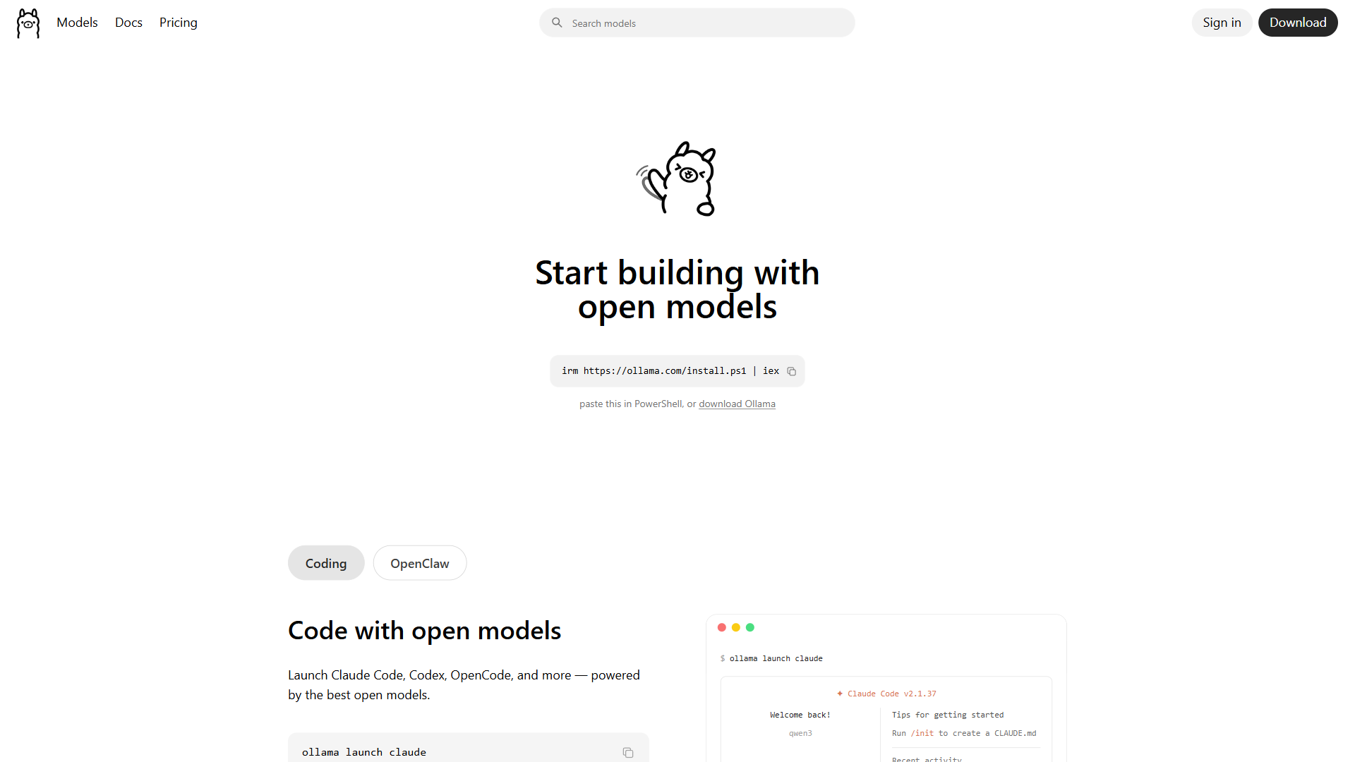 Ollama homepage showing simple command-line interface for running local LLMs