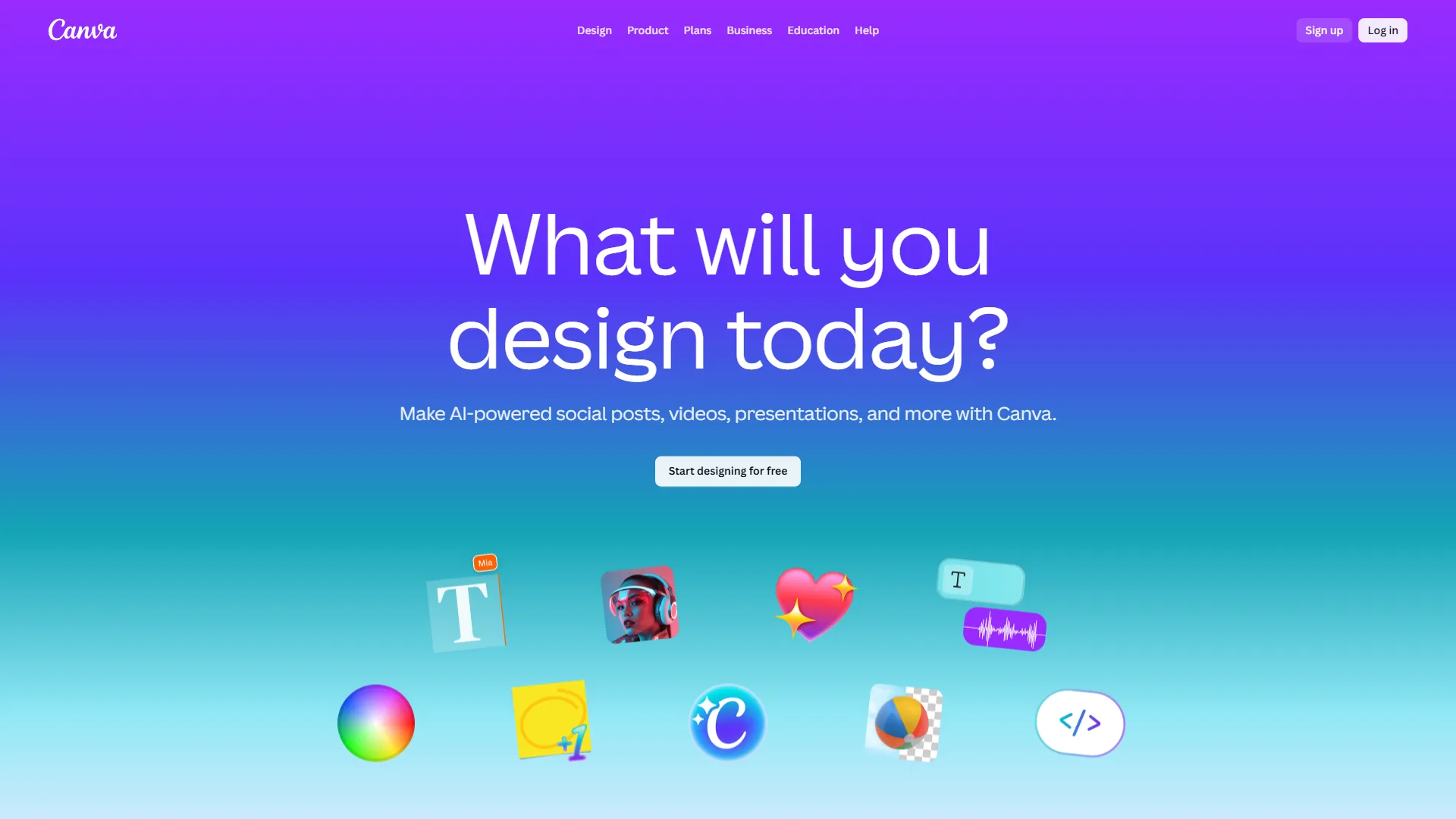 Canva homepage with purple gradient hero, Start designing for free button, and floating design tool icons