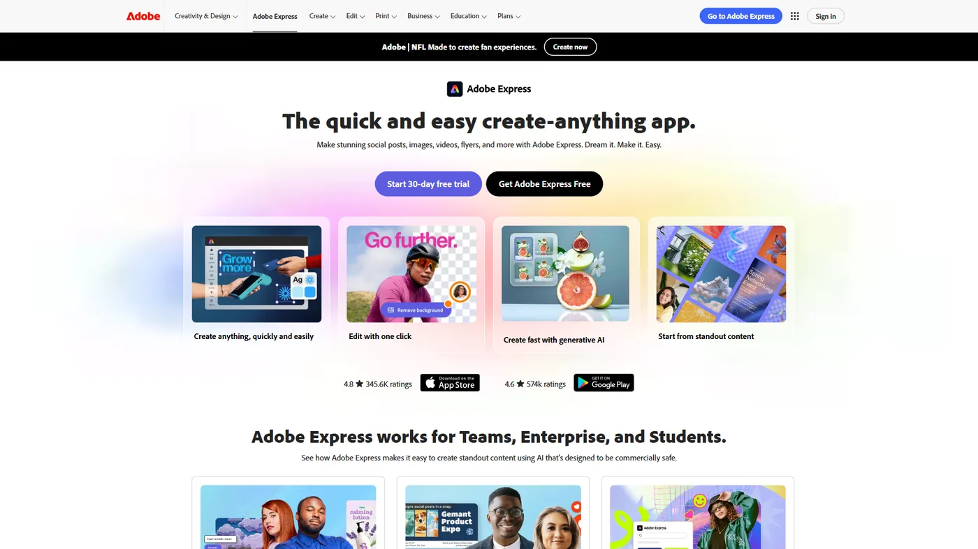 Adobe Express editor interface with Firefly AI generation and one-click quick actions