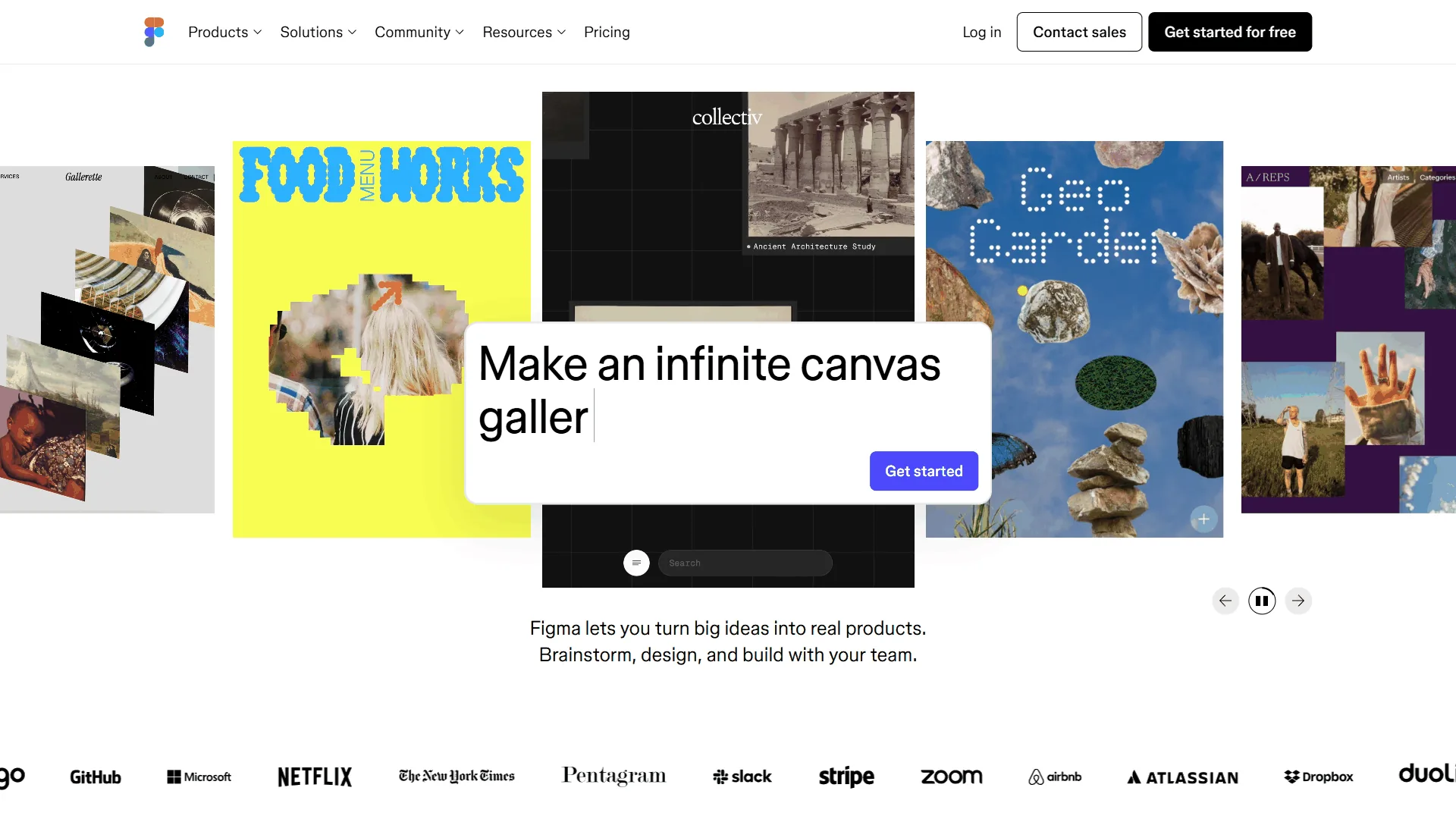 Figma homepage with rotating design project carousel and Make an infinite canvas gallery headline