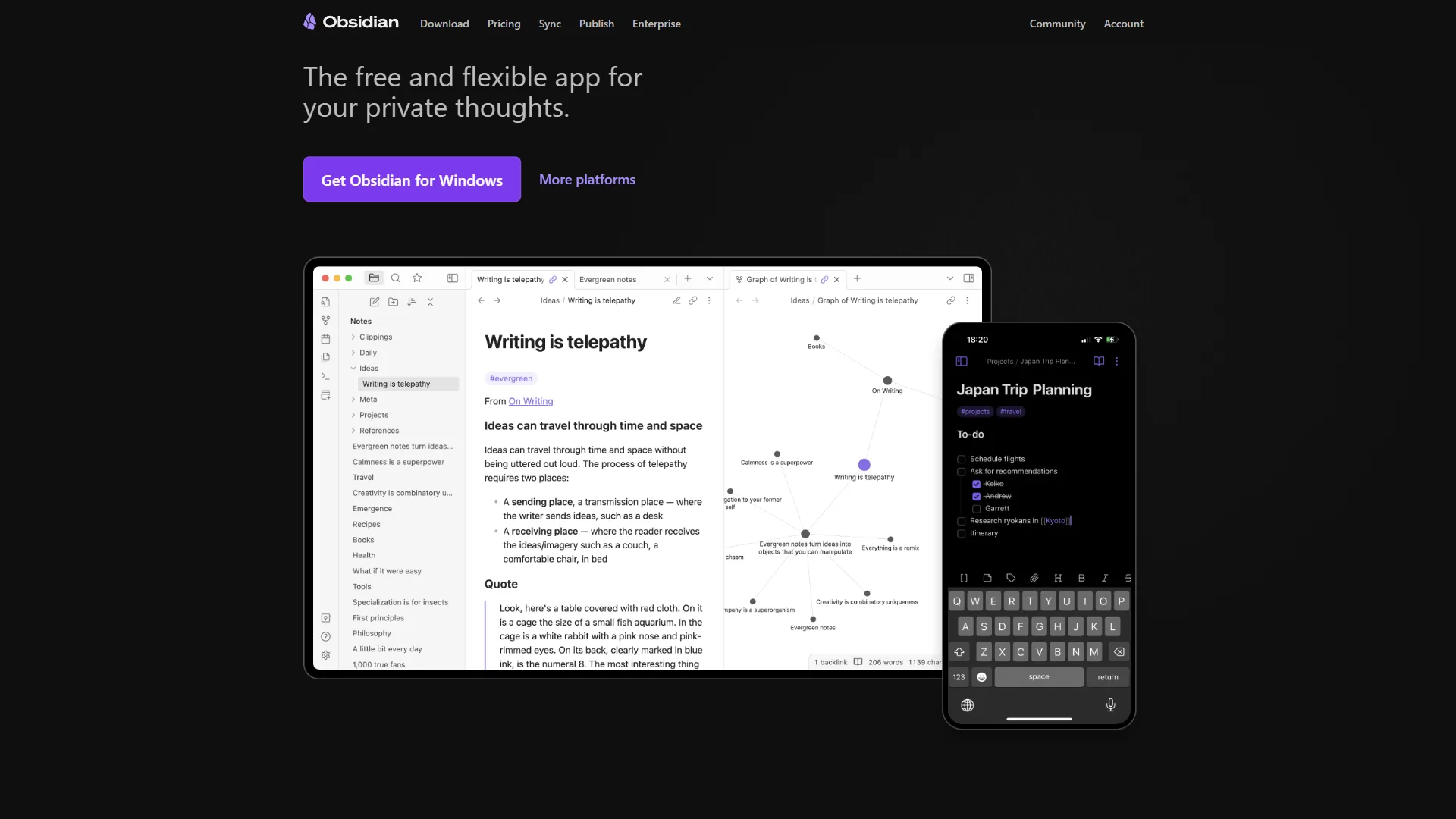 Obsidian homepage with desktop markdown editor and mobile app previews on a dark background