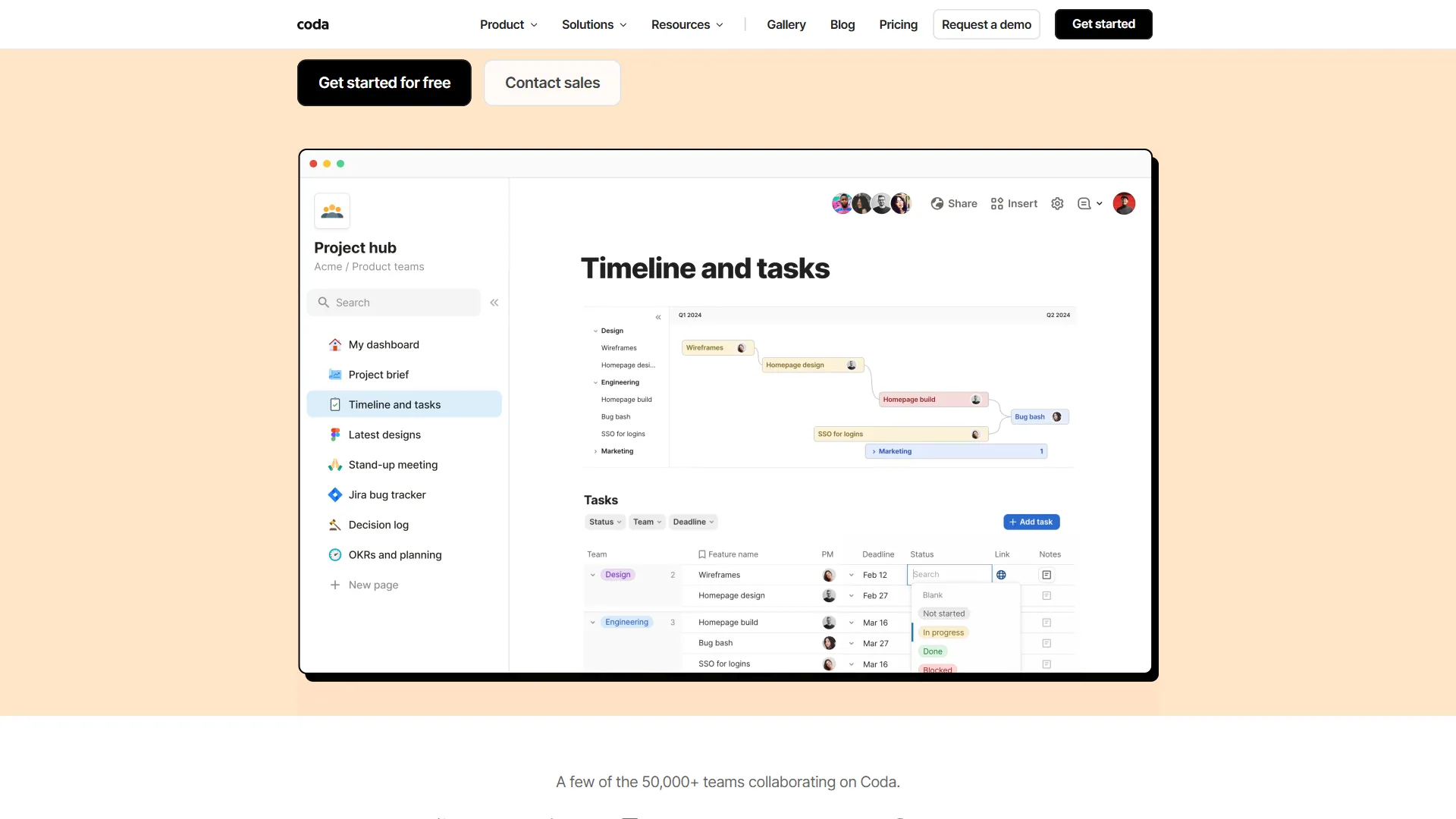 Coda document with embedded tables and automations
