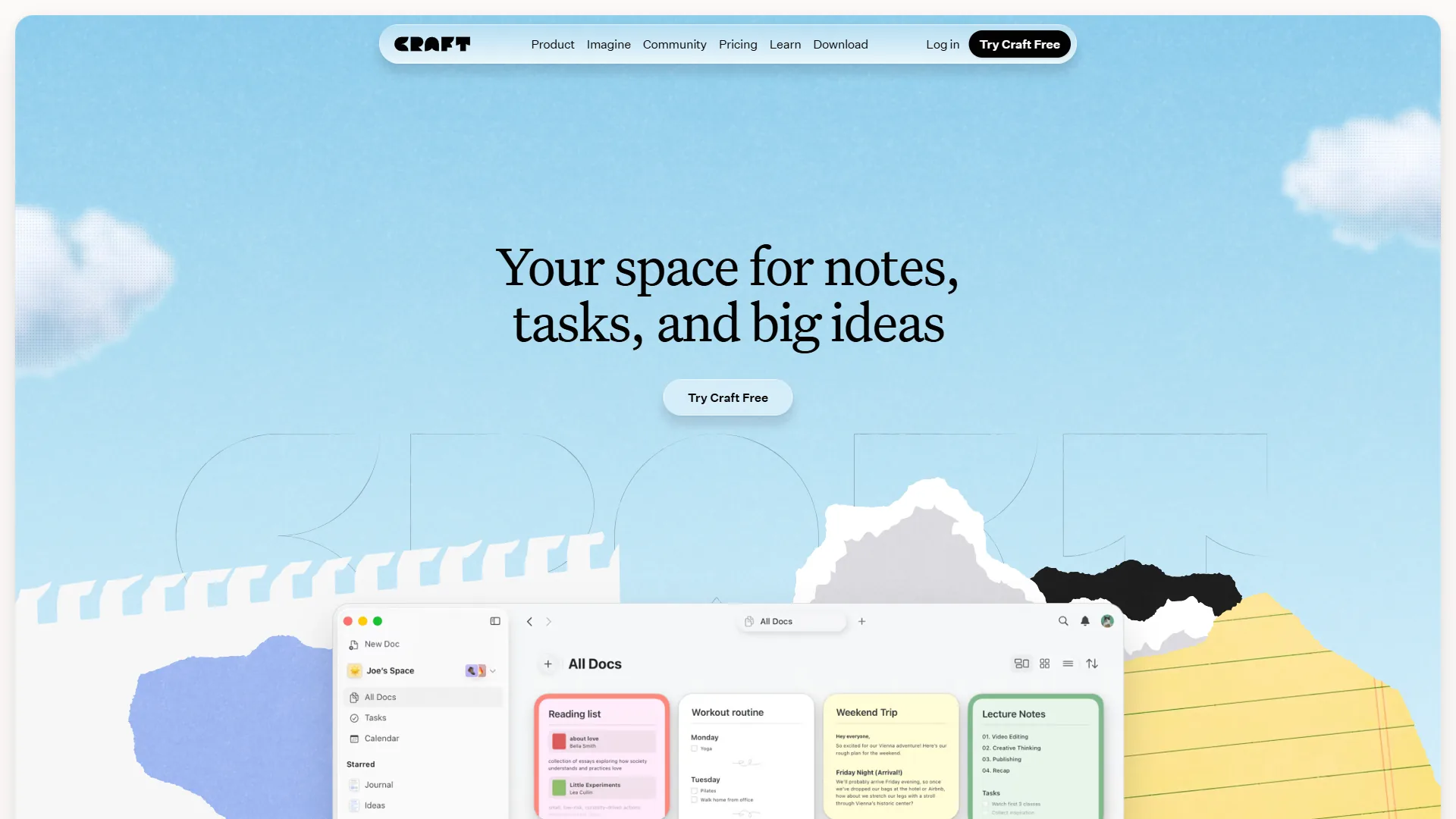 Craft homepage with sky-themed hero section, All Docs browser showing color-coded document cards