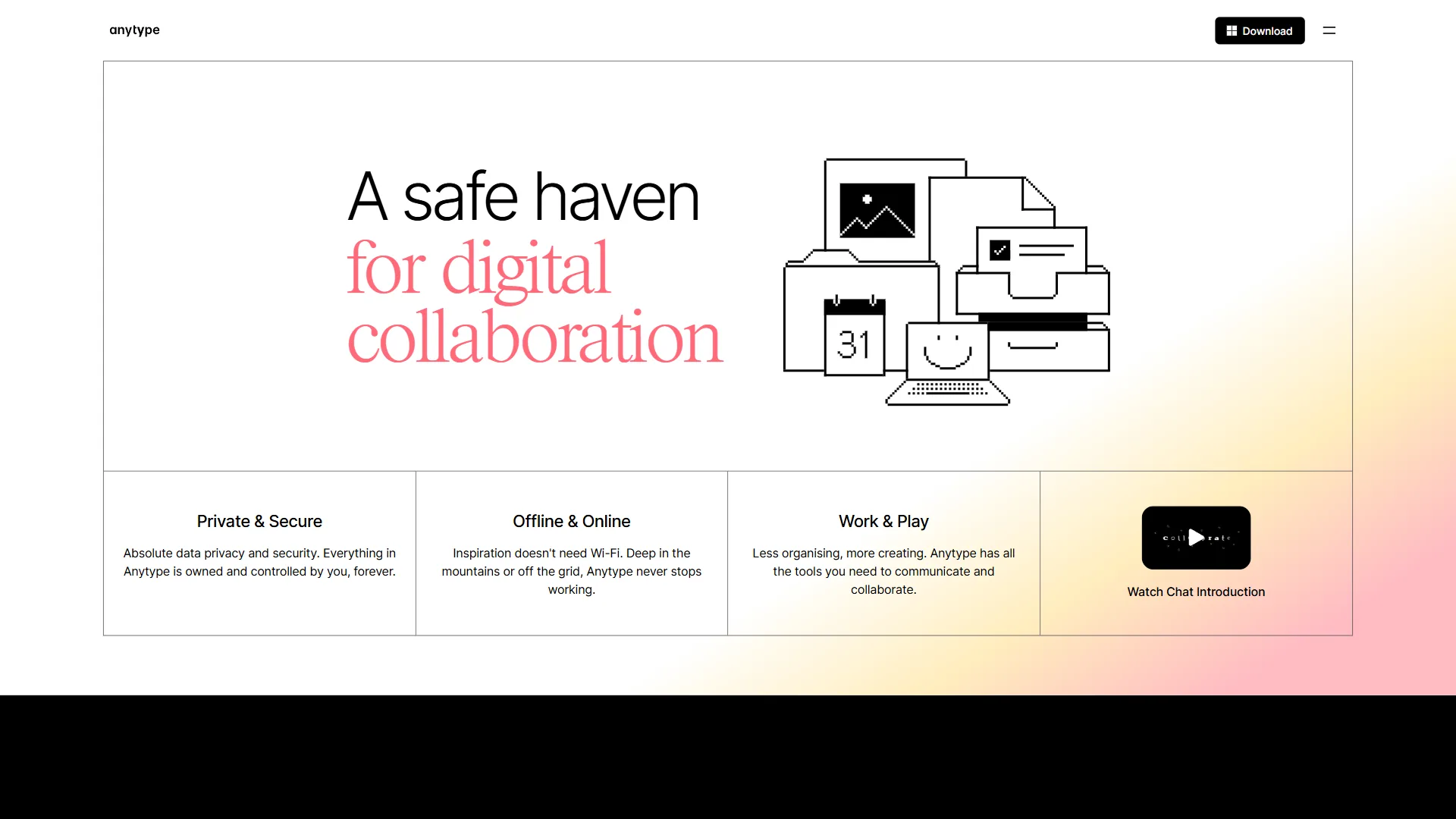 Anytype homepage with Private and Secure, Offline and Online, and Work and Play feature cards below the hero