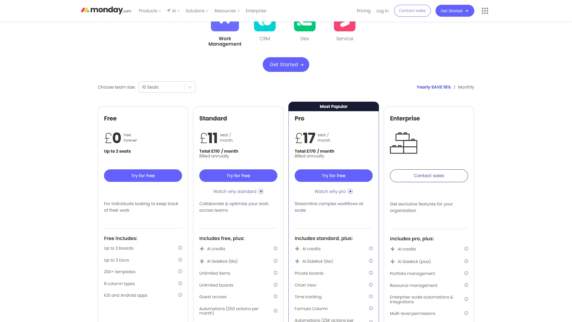 Monday.com pricing page showing Free, Standard, Pro, and Enterprise plans with feature comparisons