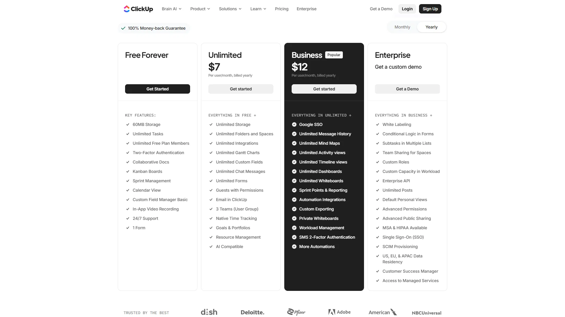 ClickUp pricing page showing Free Forever, Unlimited, Business, and Enterprise plans with feature lists