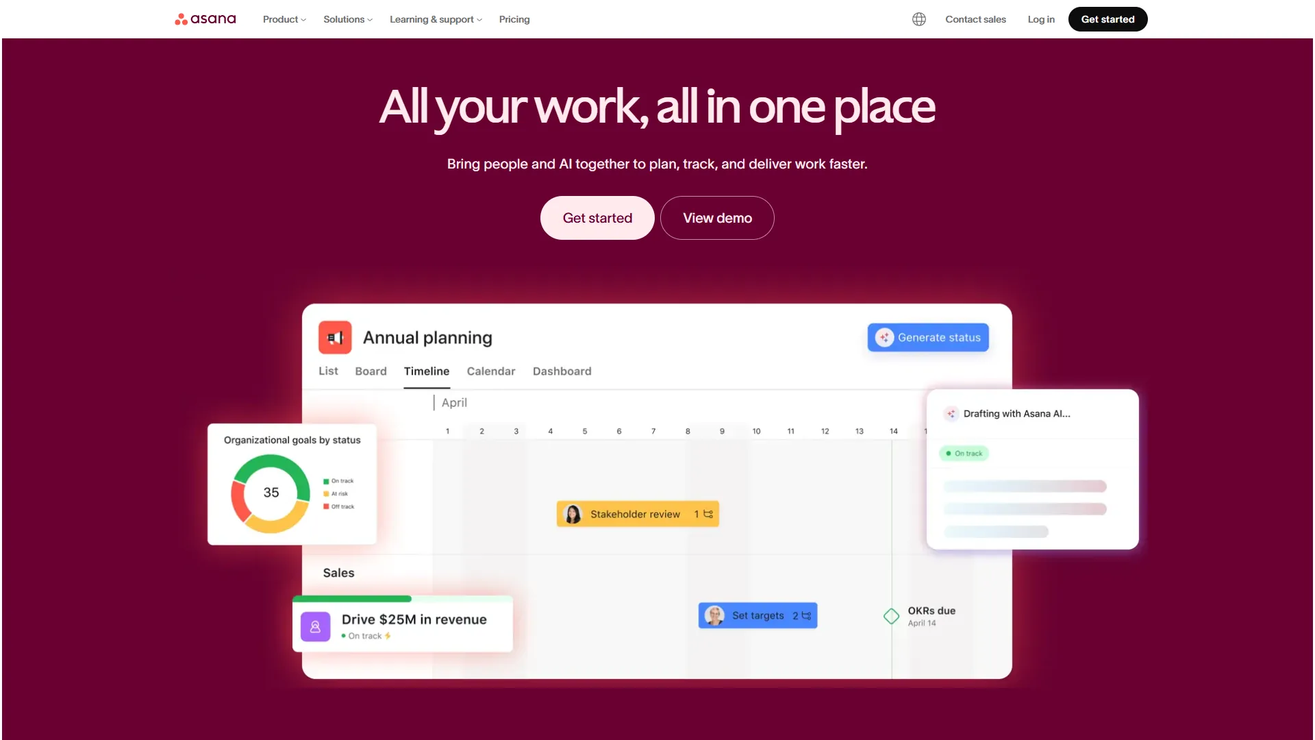 Asana project management homepage showing timeline and workflow features