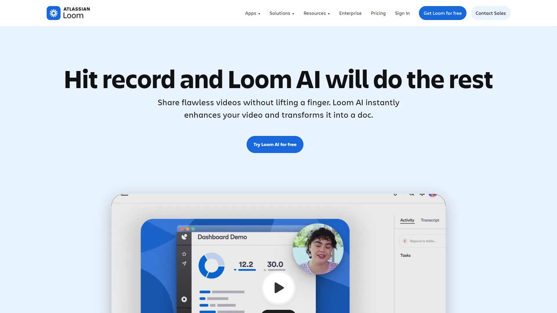 Loom AI landing page with hero headline and dashboard demo showing activity and transcript panels