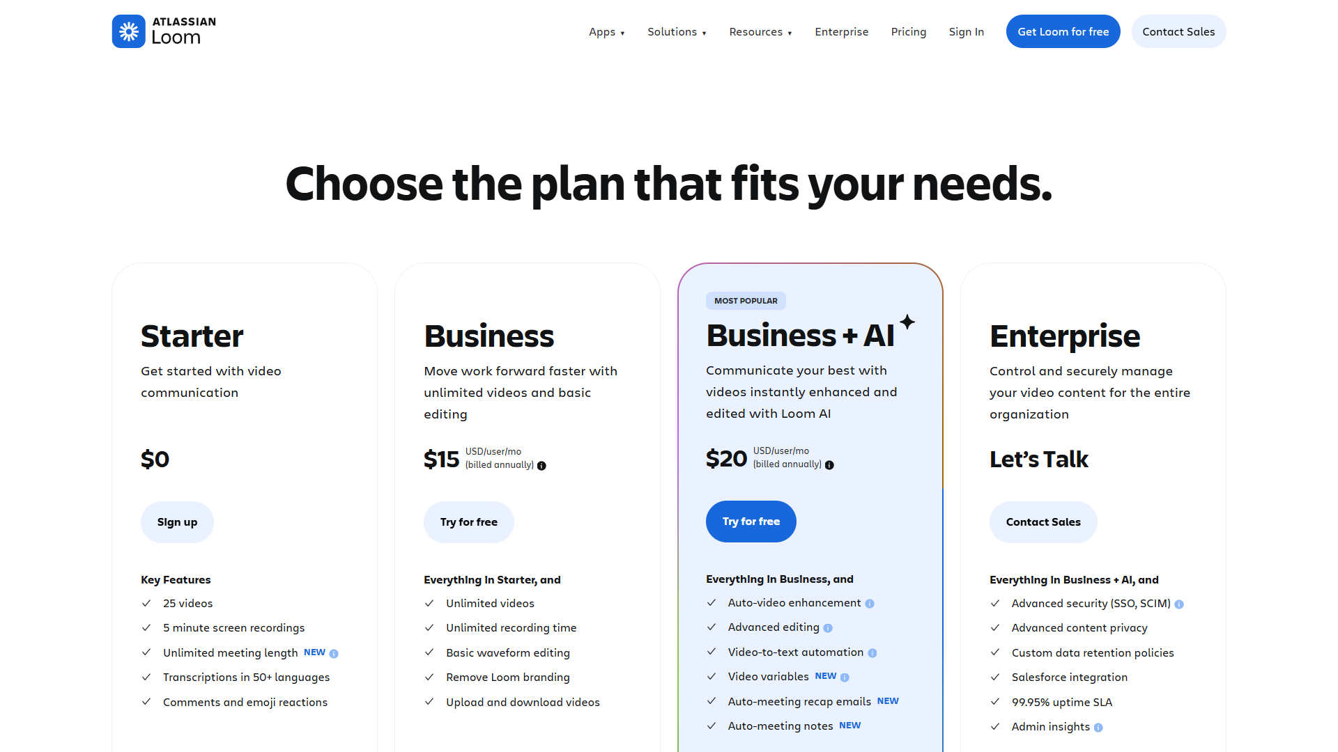 Loom pricing page showing Free, Business, and Business+AI plans