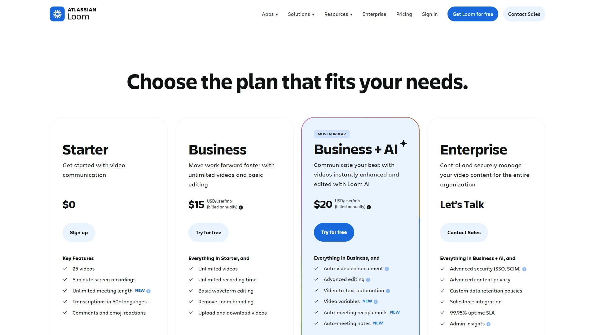 Loom pricing page with four tiers: Starter at $0, Business at $15, Business plus AI at $20, and Enterprise
