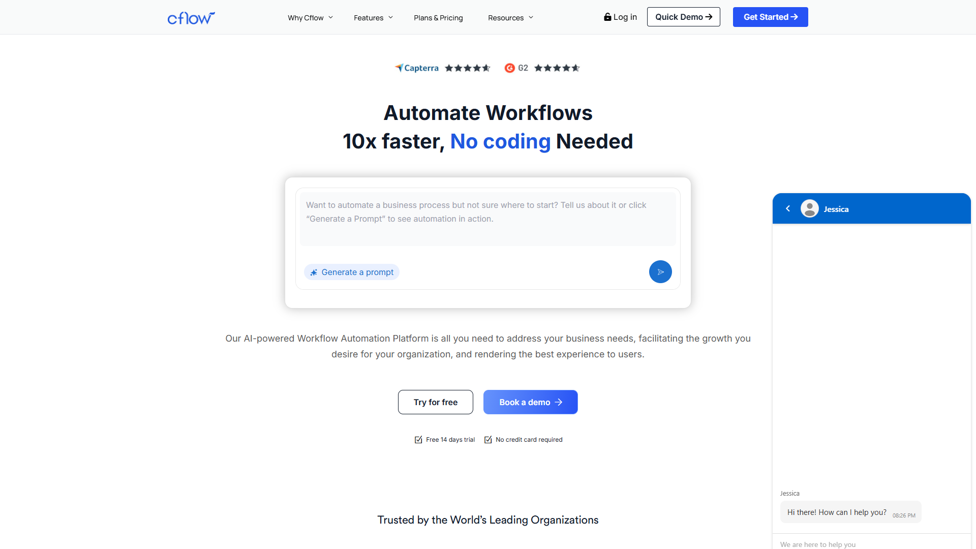 Cflow homepage showing no-code workflow automation platform