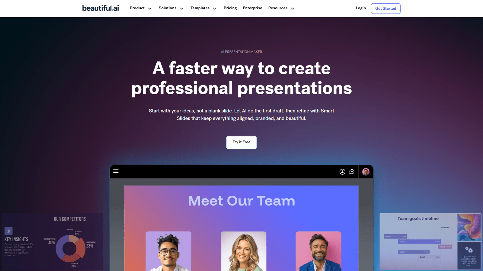 Beautiful.ai homepage showing Smart Slides interface