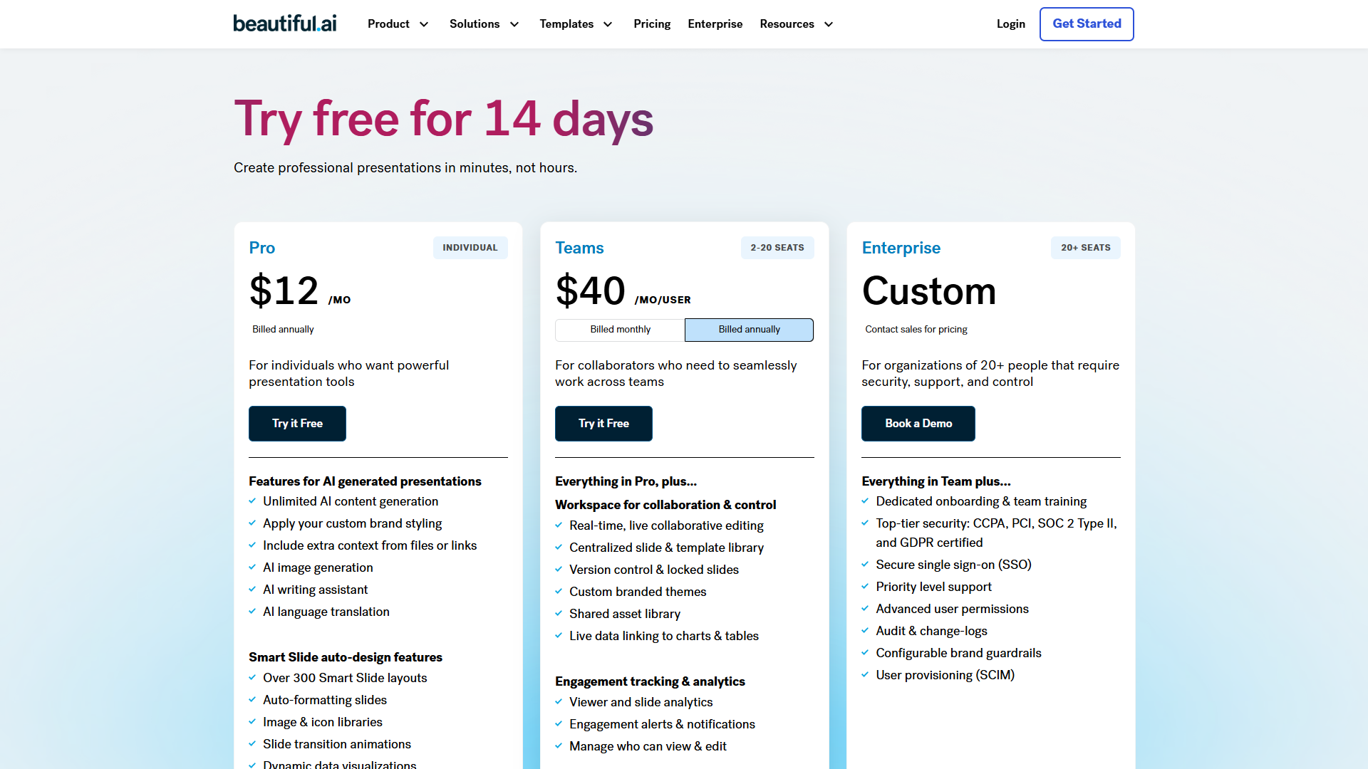 Beautiful.ai pricing page showing Pro, Teams, and Enterprise tiers