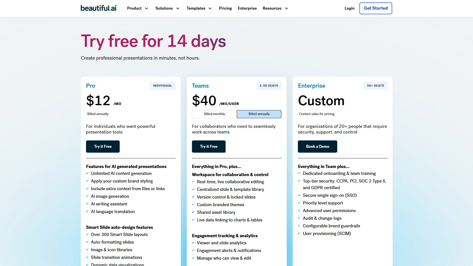 Beautiful.ai pricing page showing Pro, Teams, and Enterprise tiers