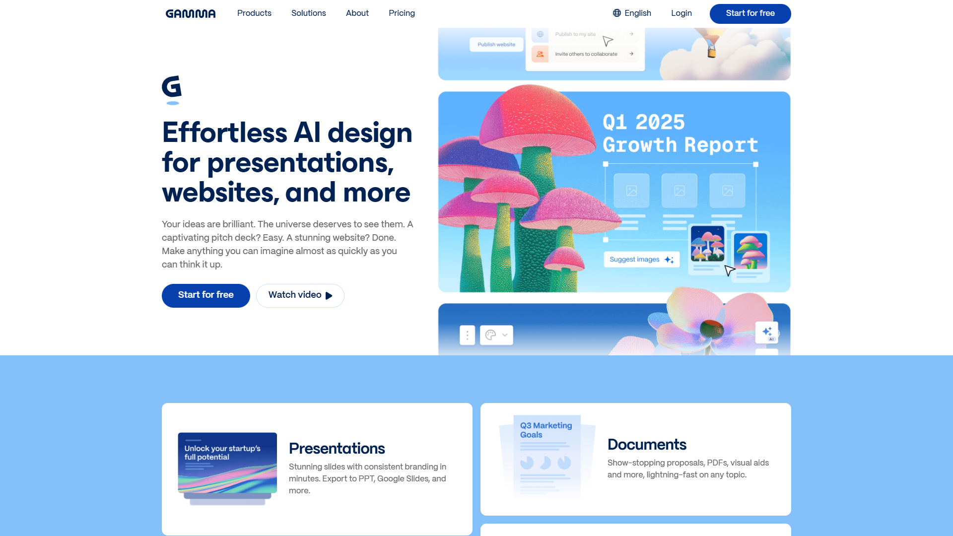 Gamma homepage featuring AI Agent interface