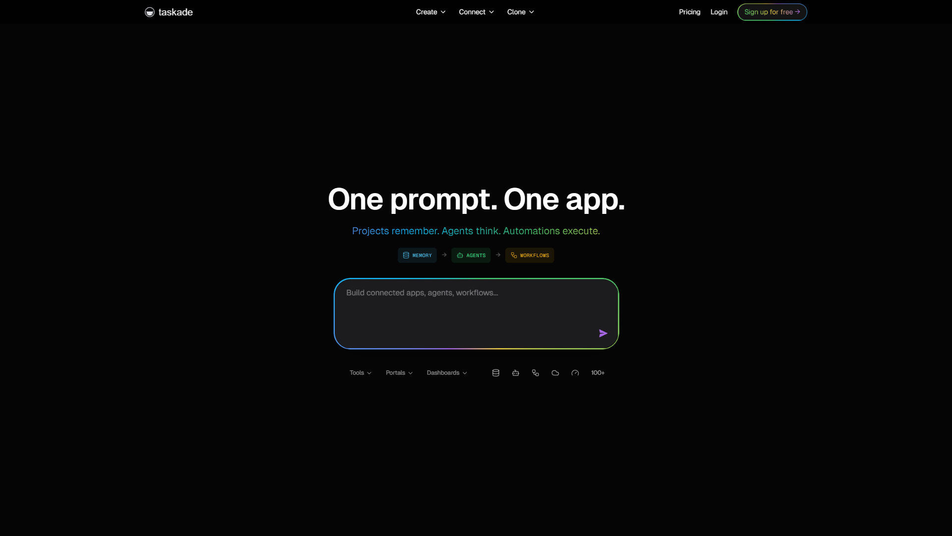 Taskade homepage showcasing AI-powered project management with agent automation features in dark mode