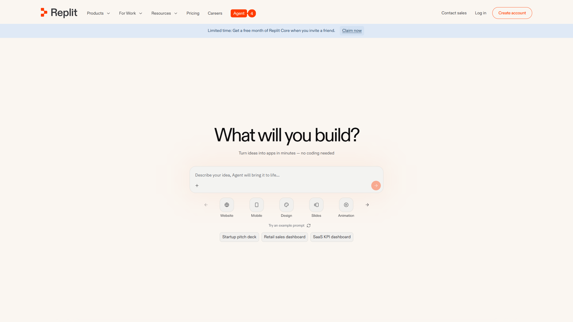 Replit homepage showing the cloud IDE platform with AI agent capabilities for full-stack app building