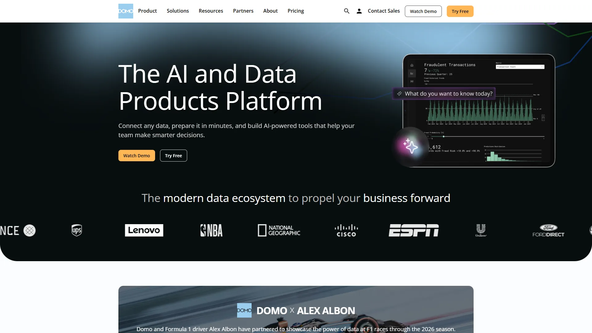Domo homepage featuring The AI and Data Products Platform headline with dashboard preview and client logos
