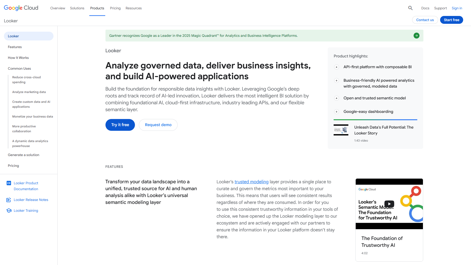 Looker dashboard interface showing centralized data governance and real-time analytics