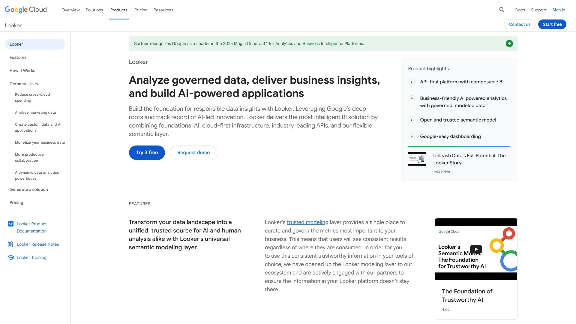 Looker marketing page on Google Cloud featuring governed data, business insights, and AI-powered applications