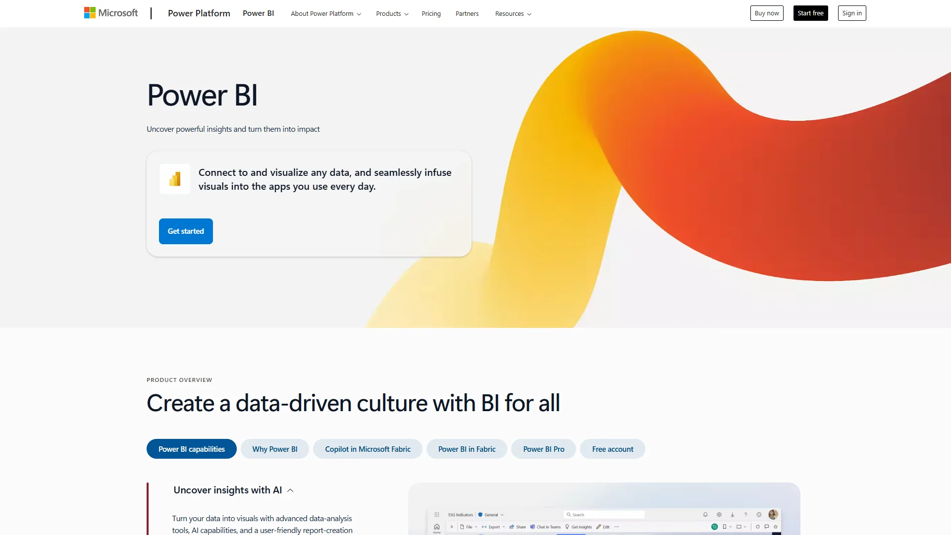 Power BI homepage featuring Uncover powerful insights with Copilot in Microsoft Fabric and data visualization tabs