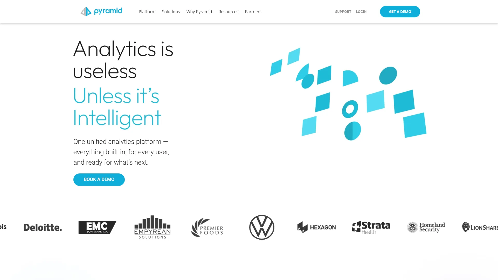 Pyramid Analytics homepage featuring Analytics is useless Unless it's Intelligent tagline and client logos