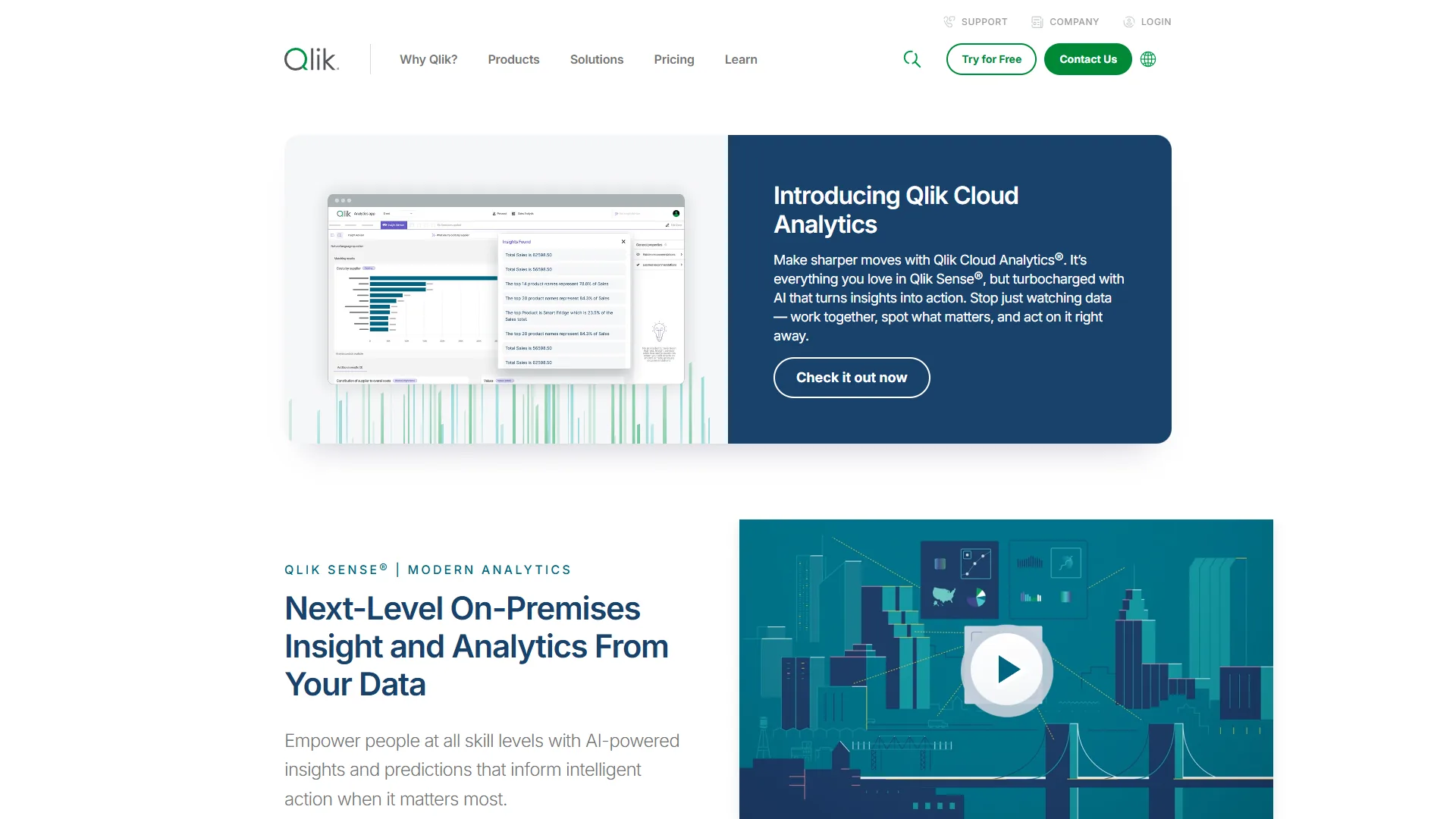 Qlik homepage introducing Qlik Cloud Analytics with dashboard preview and on-premises analytics section
