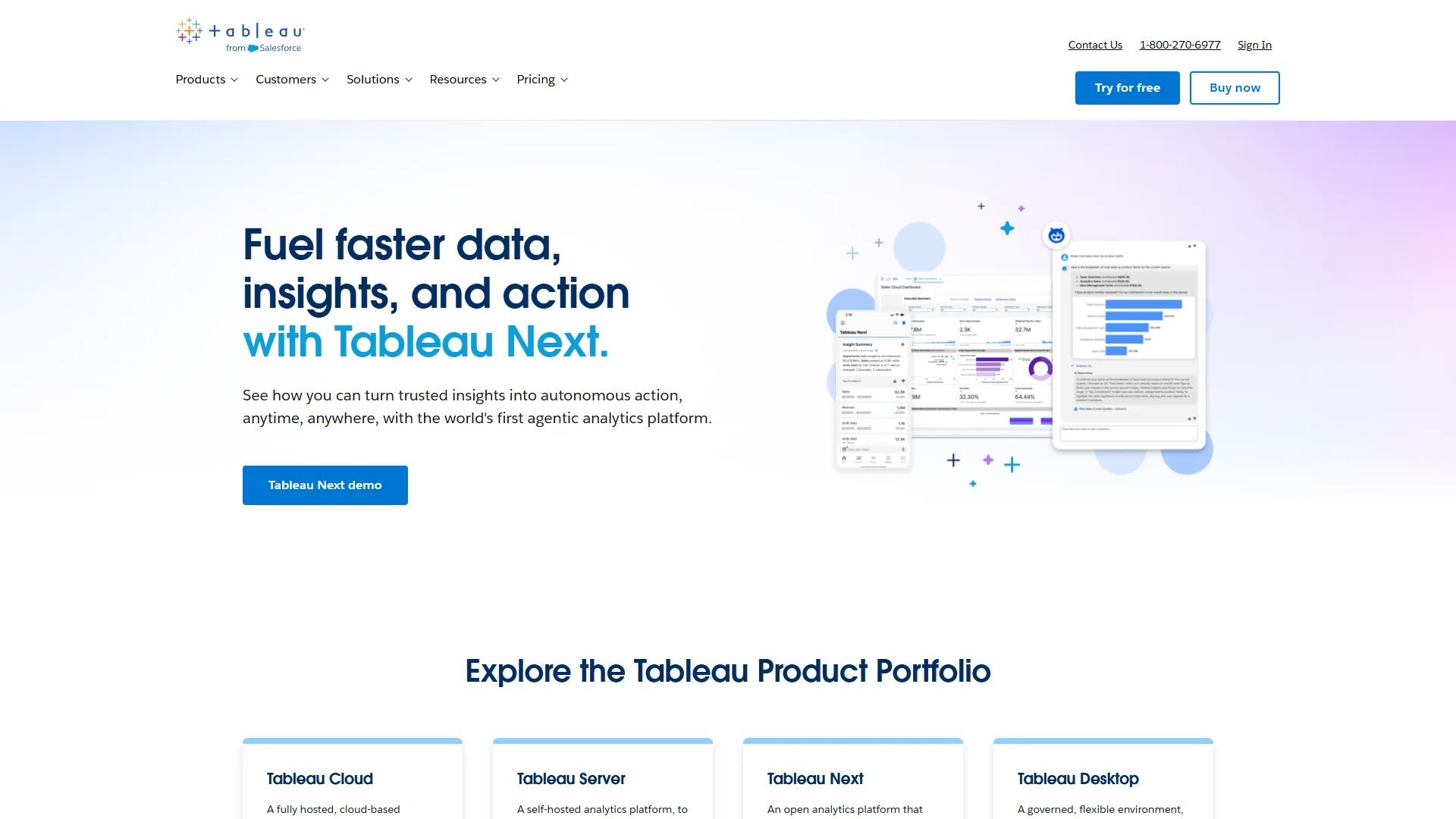 Tableau homepage featuring Fuel faster data, insights, and action with Tableau Next headline and product cards