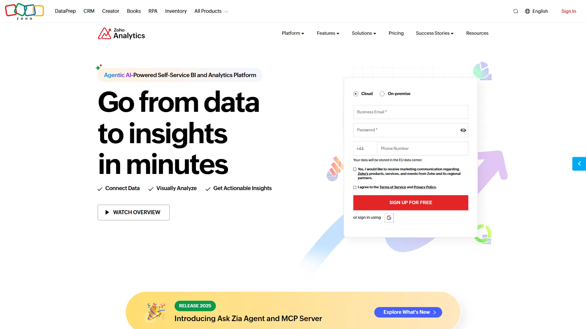 Zoho Analytics homepage with Go from data to insights headline, sign-up form, and Zia Agent banner