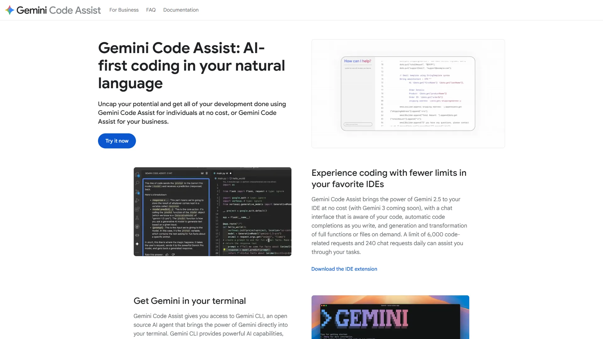 Gemini Code Assist showing AI-powered code completion and chat in VS Code with Google Cloud integration
