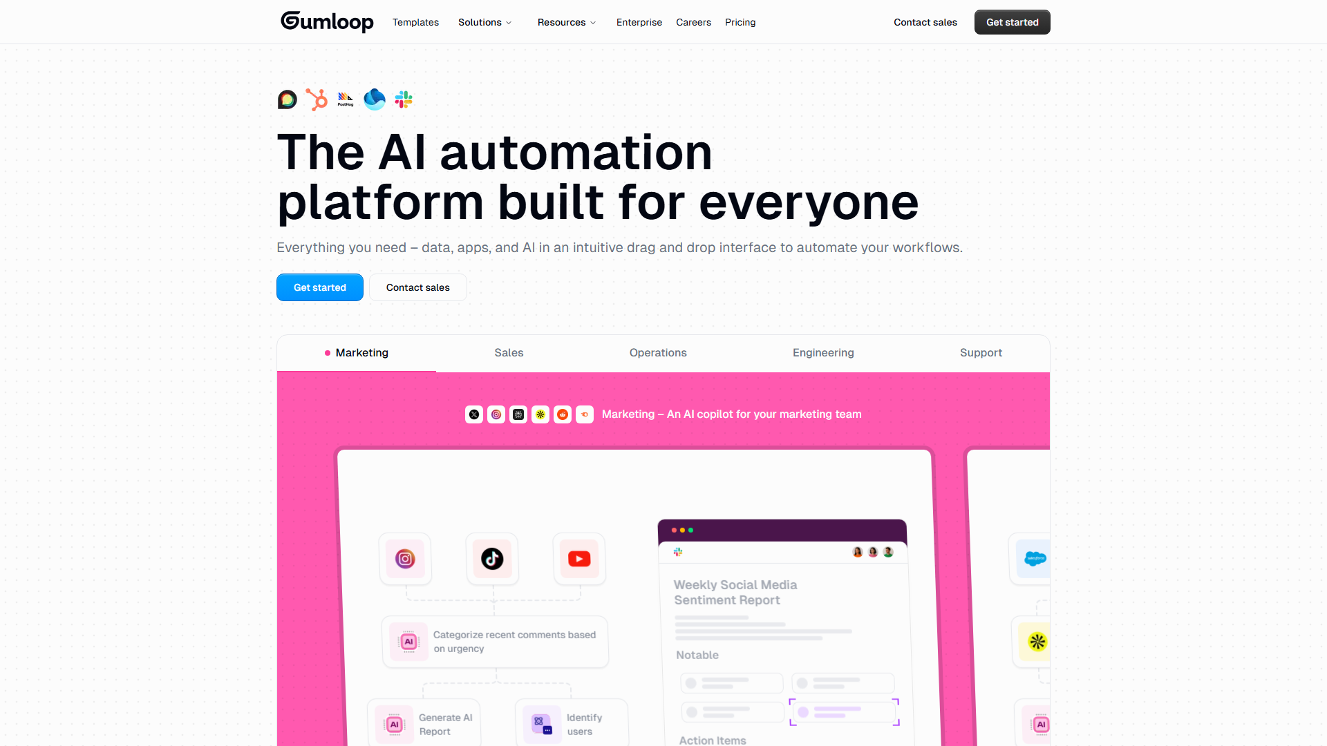 Gumloop AI automation platform homepage showing drag-and-drop workflow builder