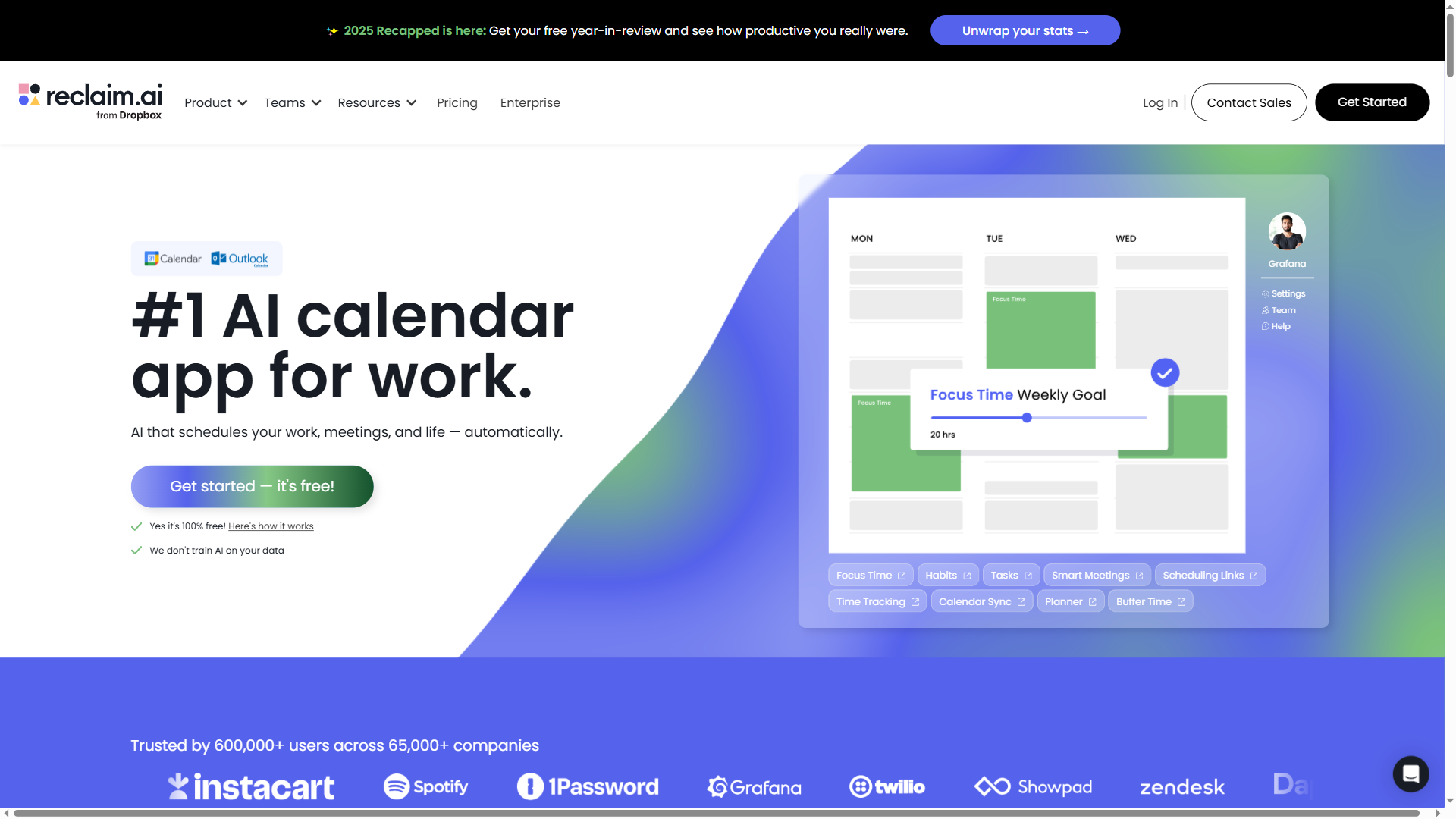 Reclaim.ai scheduling interface with smart habits and focus time