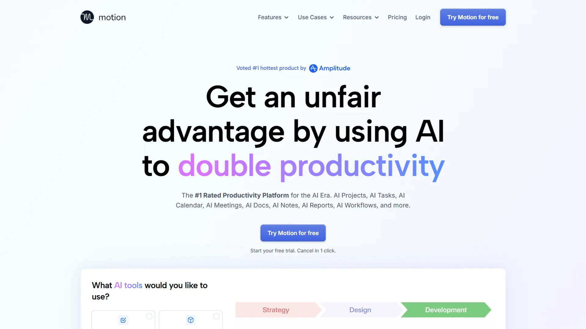 Motion homepage with Get an unfair advantage headline, AI productivity platform description, and free trial button