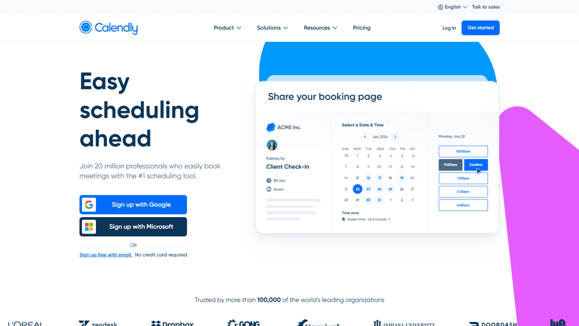 Calendly homepage with Easy scheduling ahead headline, sign-up buttons, and booking page preview with calendar