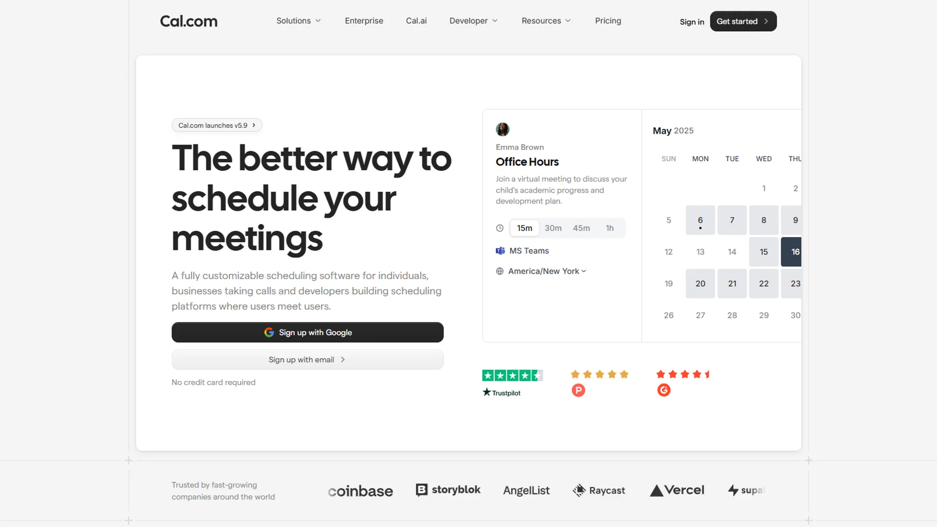 Cal.com homepage with The better way to schedule your meetings headline and Office Hours booking widget