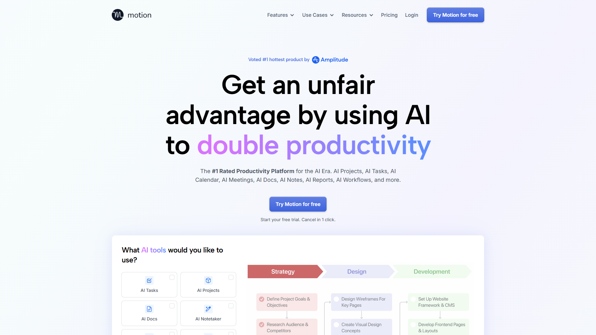 Motion's unified dashboard showing AI calendar, tasks, projects, and AI notetaker interface
