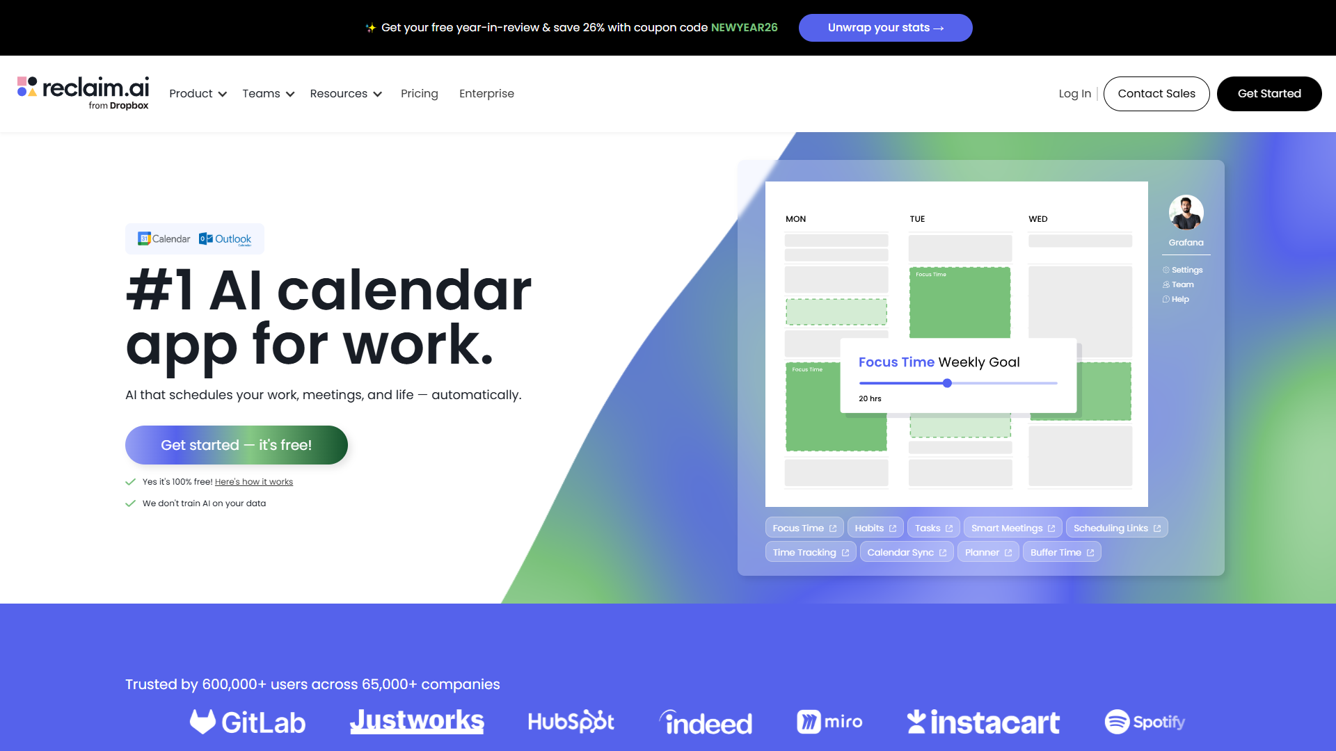 Reclaim AI dashboard showing Smart Meetings and habit scheduling interface