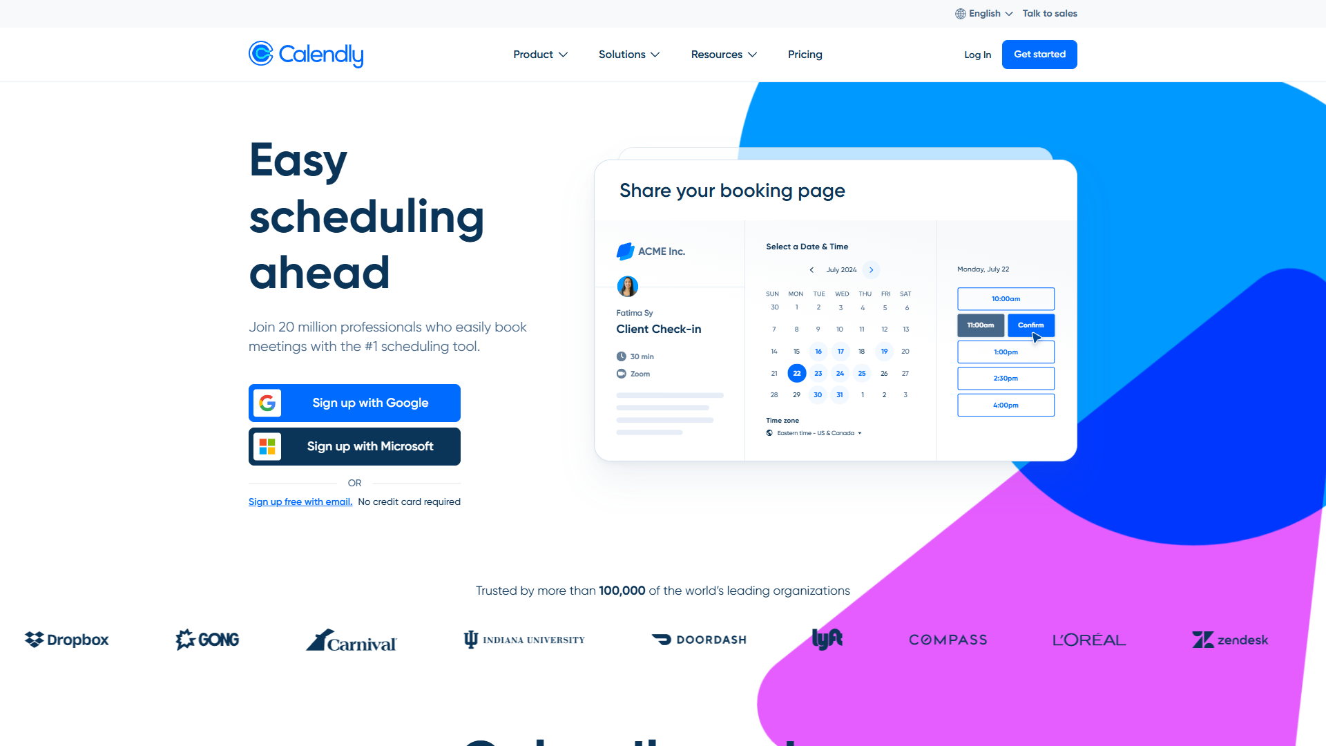 Calendly booking page showing available time slots for client meetings