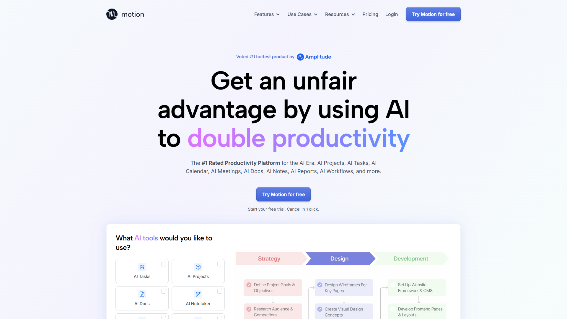 Motion homepage showing task scheduling