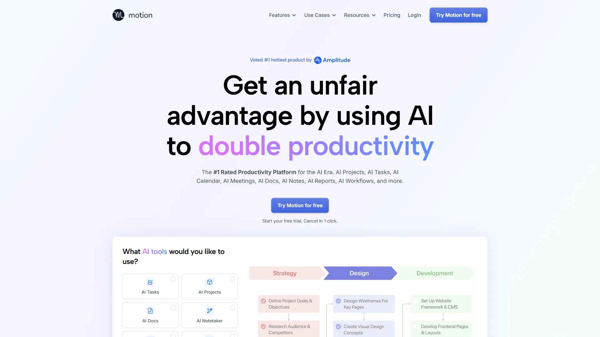 Motion's unified dashboard showing AI calendar, tasks, projects, and AI notetaker interface