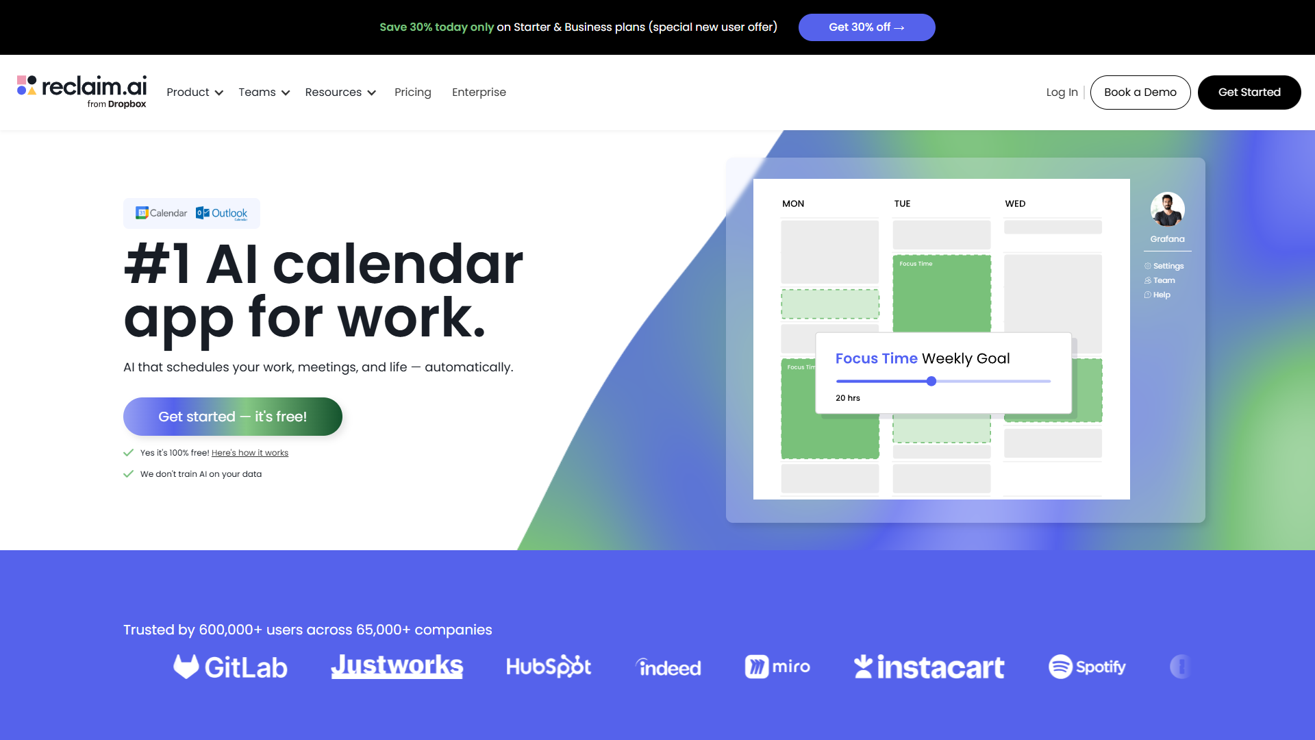 Reclaim AI homepage showing smart scheduling