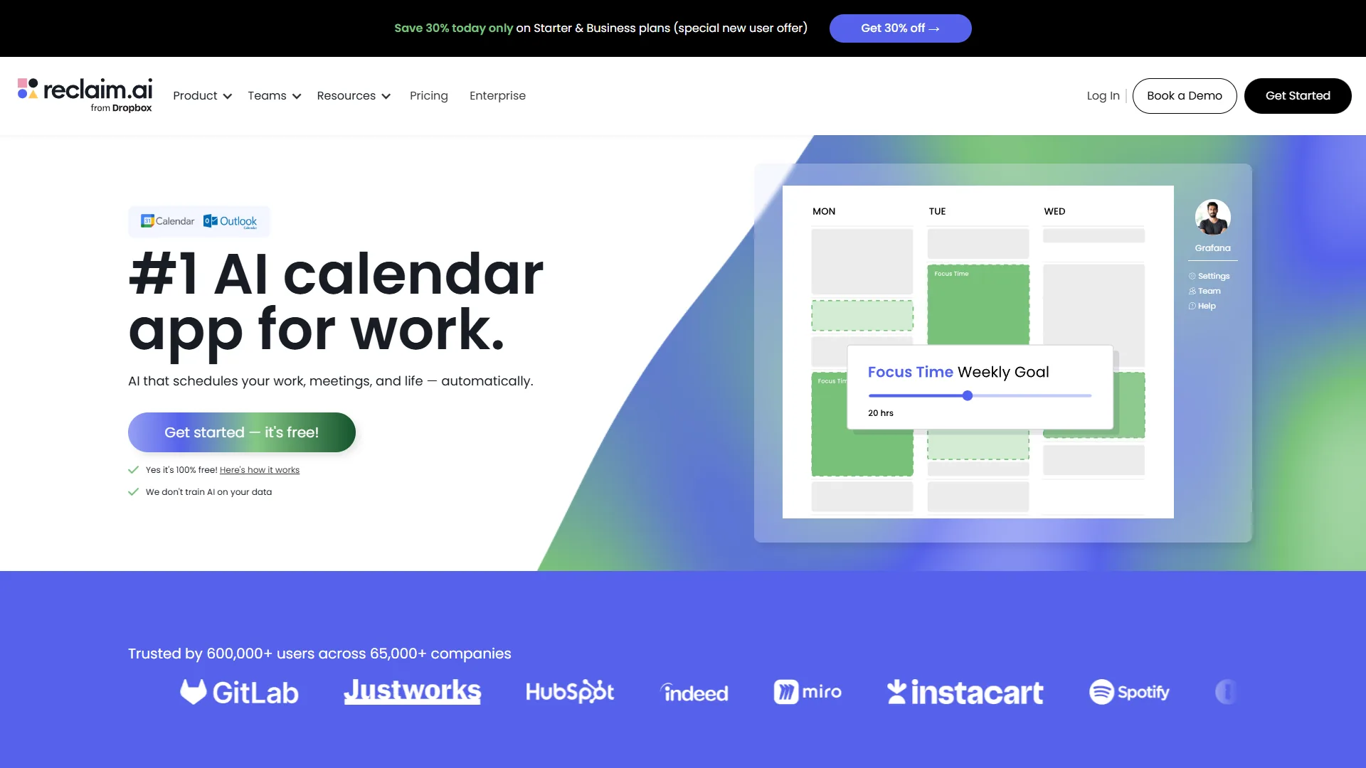 Reclaim AI dashboard showing Smart Meetings and habit scheduling interface