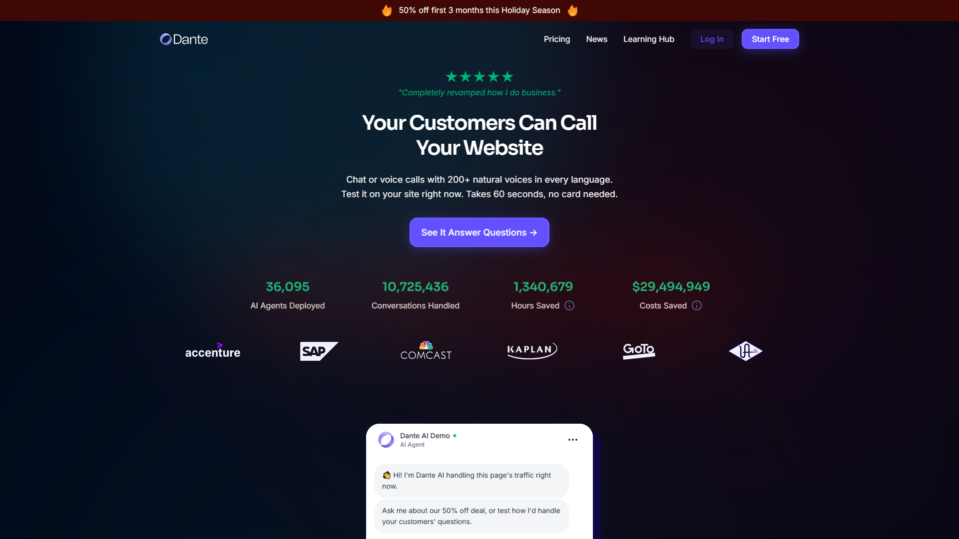 Dante AI homepage showing no-code chatbot builder interface
