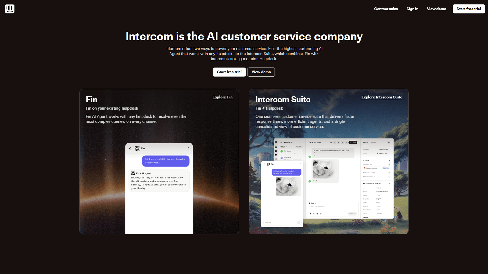Intercom's Fin AI Agent interface with unified inbox
