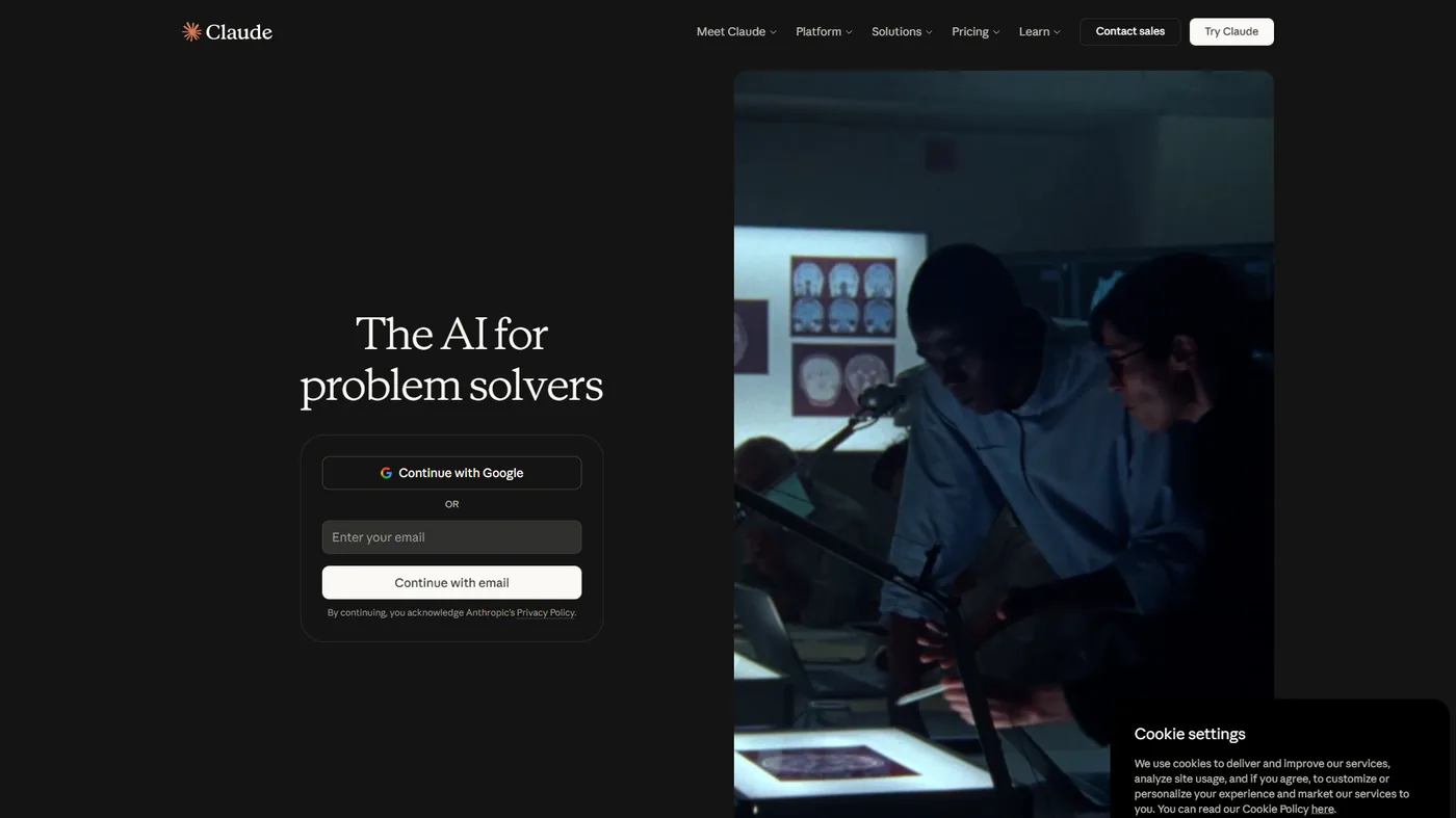 Claude login page with The AI for problem solvers headline, Google and email sign-in options